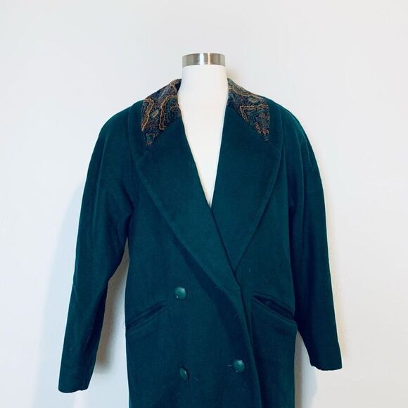 Vintage Green Wool Blend Princess Trench Peacoat Small Medium Velvet - Picture 2 of 9